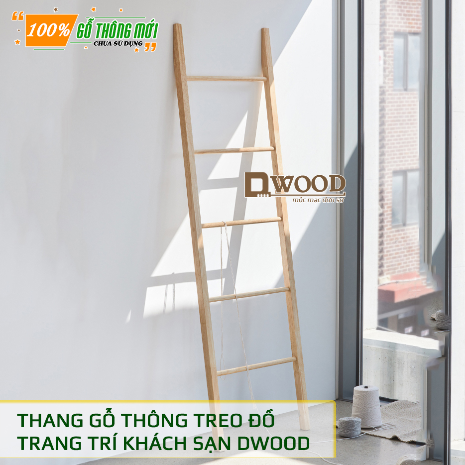 [Decor] Thang gỗ thông Decor không gian, treo đồ Dwood, thang gỗ tròn treo đồ nhà hàng, khách sạn
