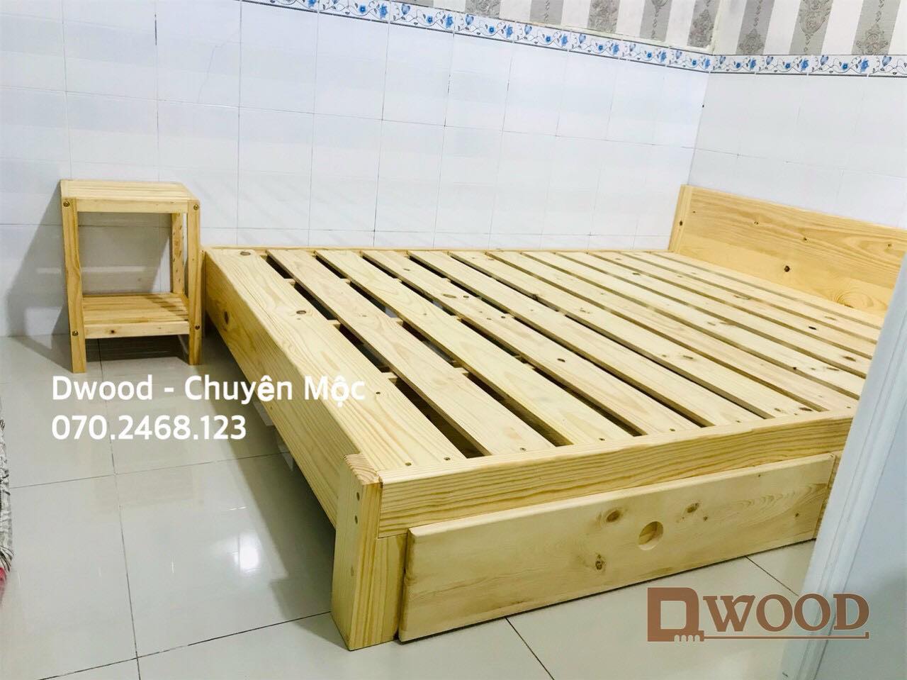 Giường ngủ gỗ thông nhập khẩu Dwood 1m8 x 2m 2 hộc kéo