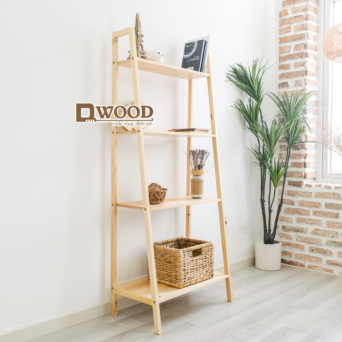 Kệ sách 4 tầng, kệ đựng đồ Dwood hình thang đa năng gỗ thông - Book Shelf