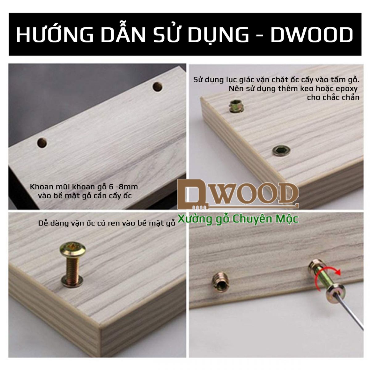 Ốc cấy Dwood  mạ kẽm M6x13 - cho mặt gỗ dày từ 13mm (có vành)