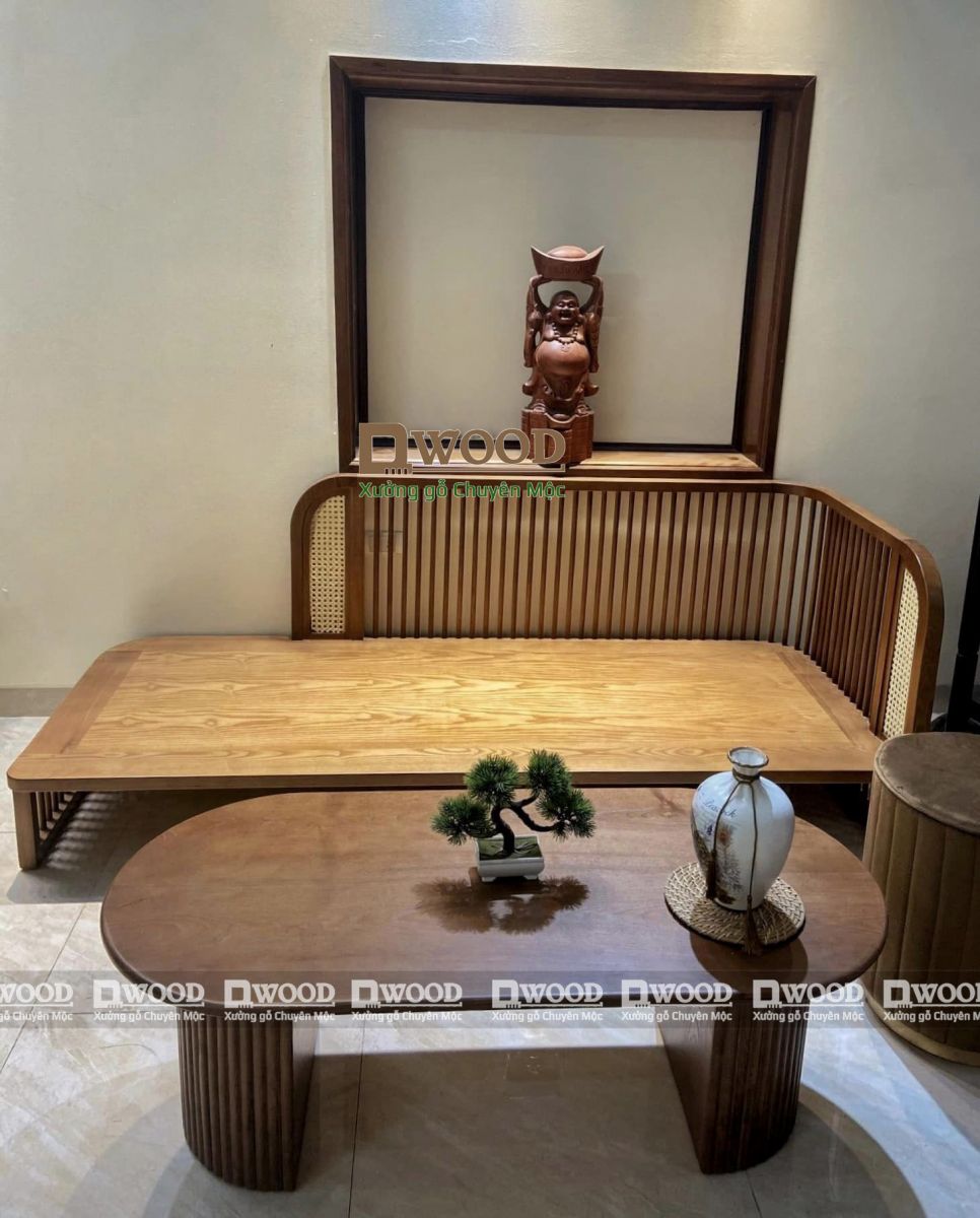 Sofa Indochine văng dài và bàn trà chân tròn Dwood